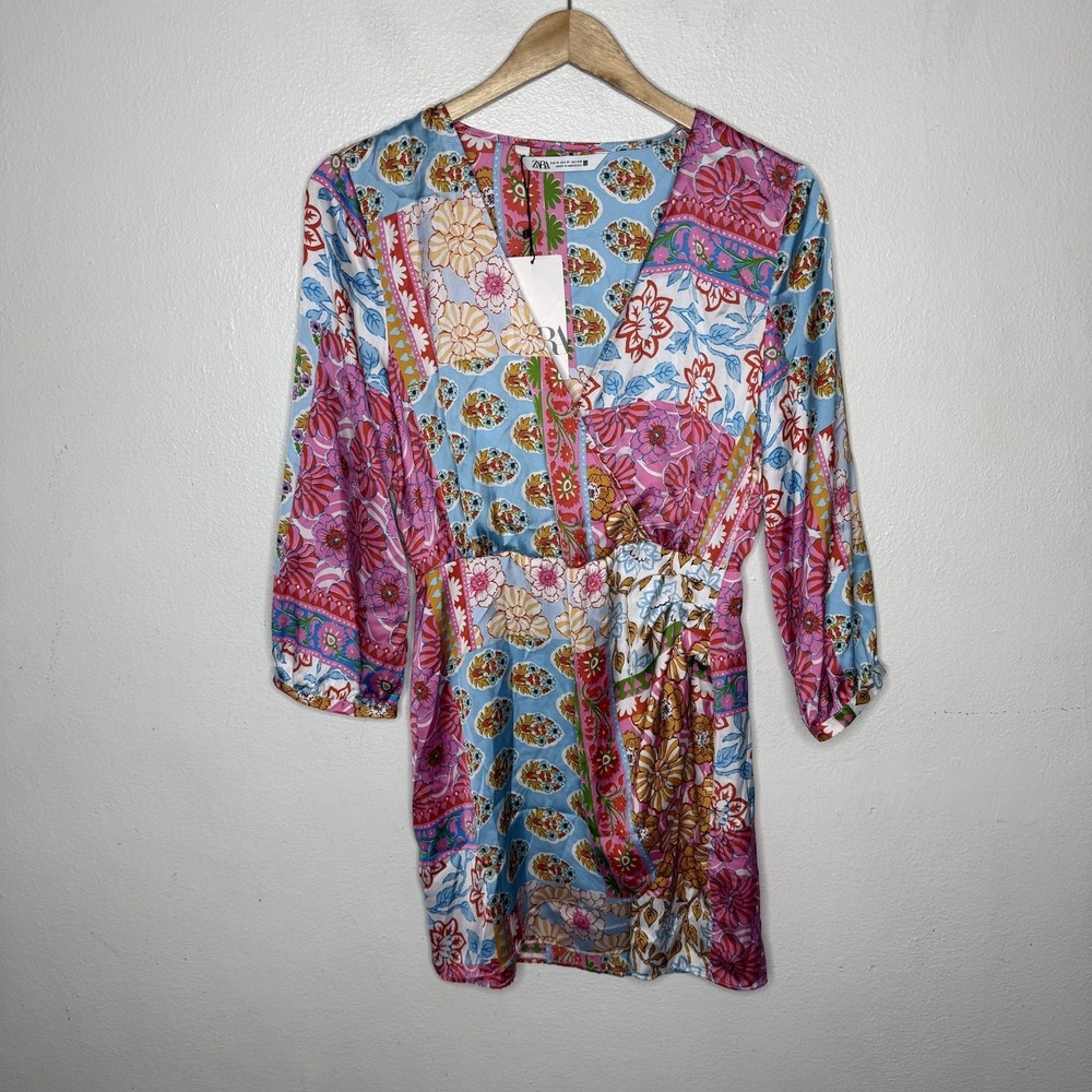 New Zara Satin Long Sleeve Floral Patchwork Print Mini Dress Women's Medium